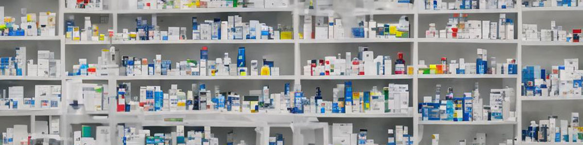 Image showing the interior of a compounding pharmacy. The pharmacy is well-lit and features a clean and organized layout. Shelves are stocked with bottles of various sizes and labels,